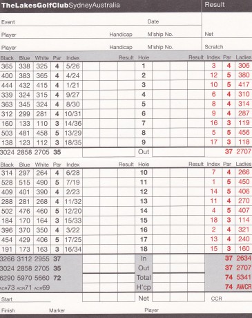 Scorecard for The Lakes Golf Club