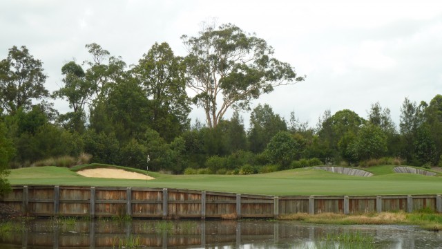 Looking at the 18th green from the clubhouse at Kooindah Waters Golf Club