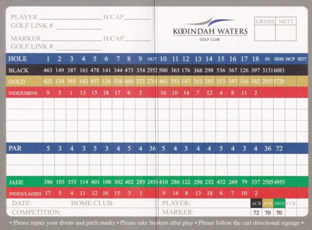 The scorecard for Kooindah Waters Golf Club