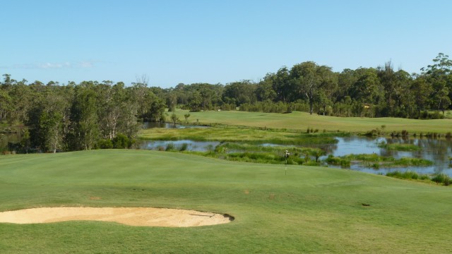 Looking at the 9th green from the clubhouse at Kooindah Waters Golf Club