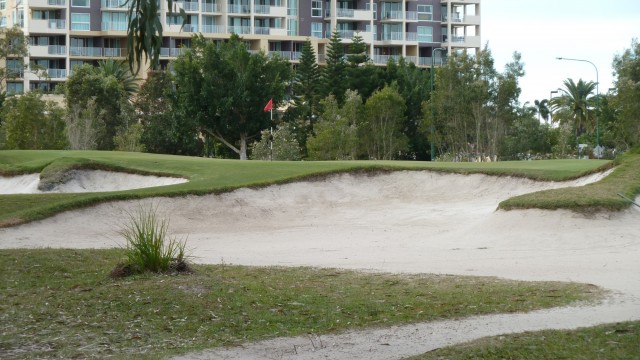 The 18th green at Pelican Waters Golf Club