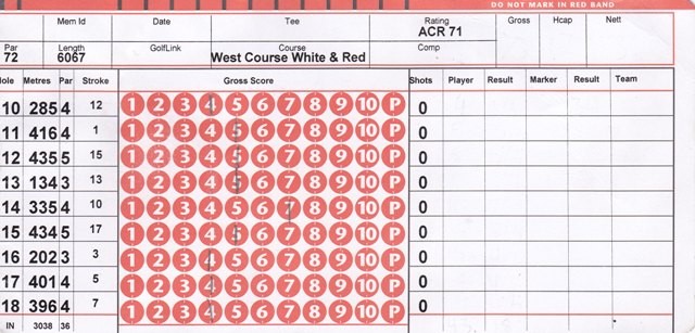 The scorecard for back 9 of Royal Melbourne Golf Course (West)