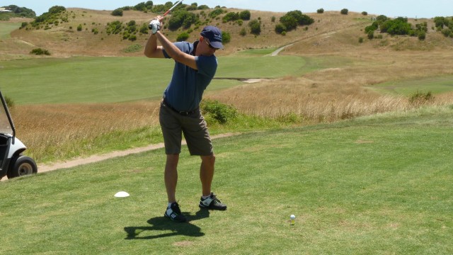 Terry teeing off at St Andrews Beach