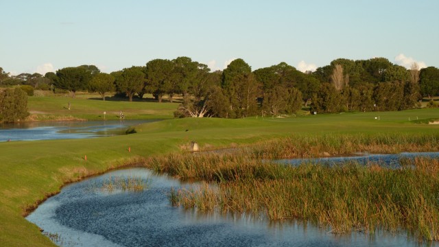 The tight fairway of the 16th at The Lakes Golf Club