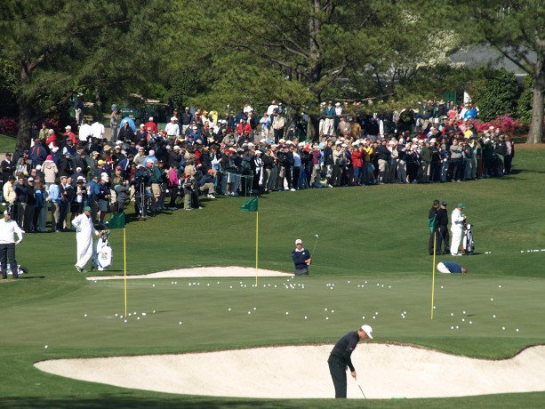 The practice green at the Masters