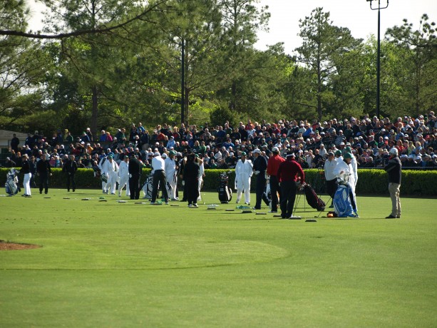 Players warming up on the driving range at Augusta National