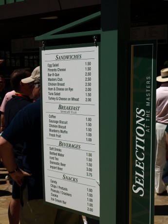 Items from the food menu at The Masters