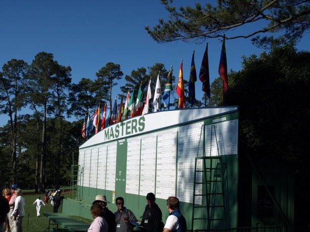 The main scoreboard at Augusta National Golf Club