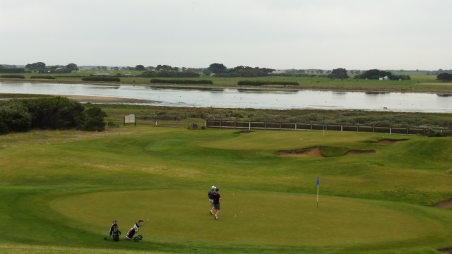 Looking down at the 7th and 8th Green at Port Fairy Golf Links