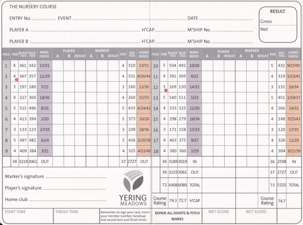 Scorecard for the Nursery Course at Yering Meadows