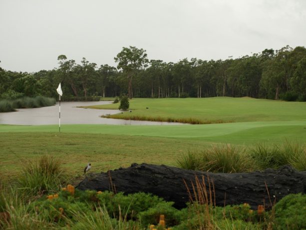 The 18th green at Pacific Dunes Golf Club