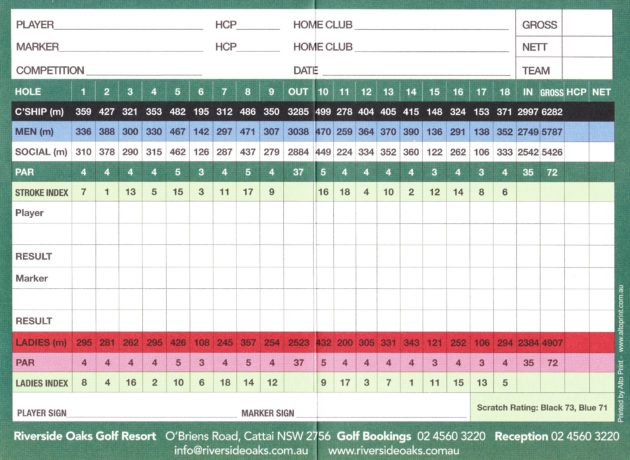 Scorecard for the Bungool course at Riverside Oaks Golf Resort