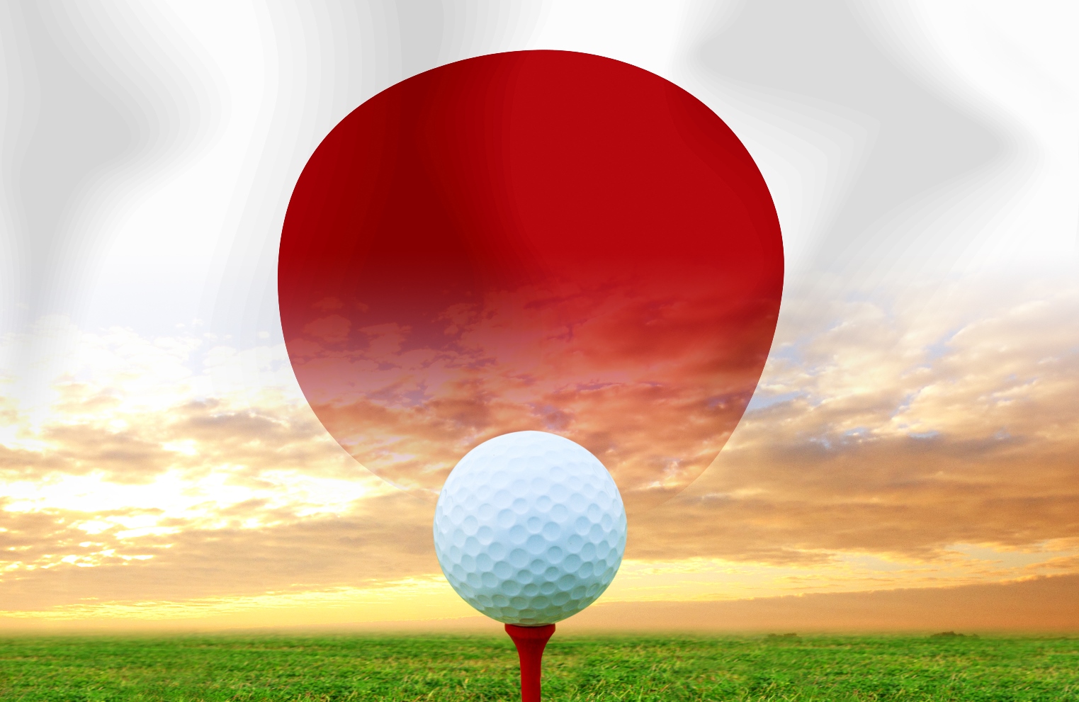 Golf ball teed up in front to Japan flag