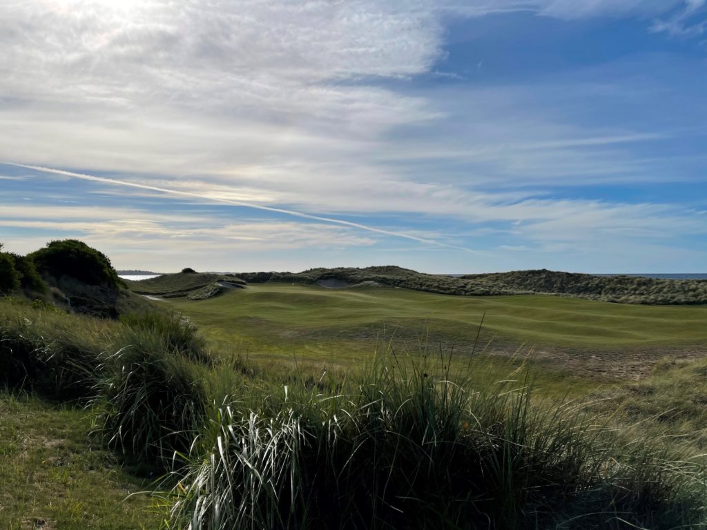 Looking down at the 17th hole of Barnbougle Dunes