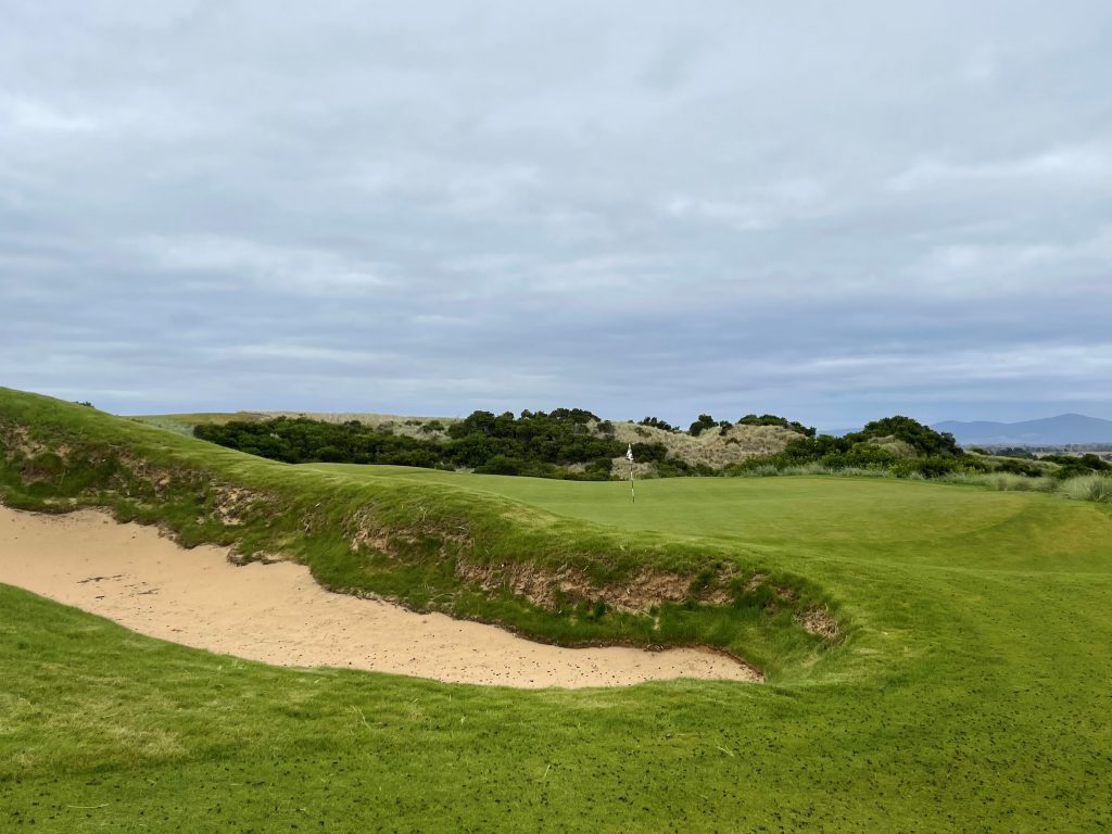 View of the 12th green beyond the bunker on Bougle Run