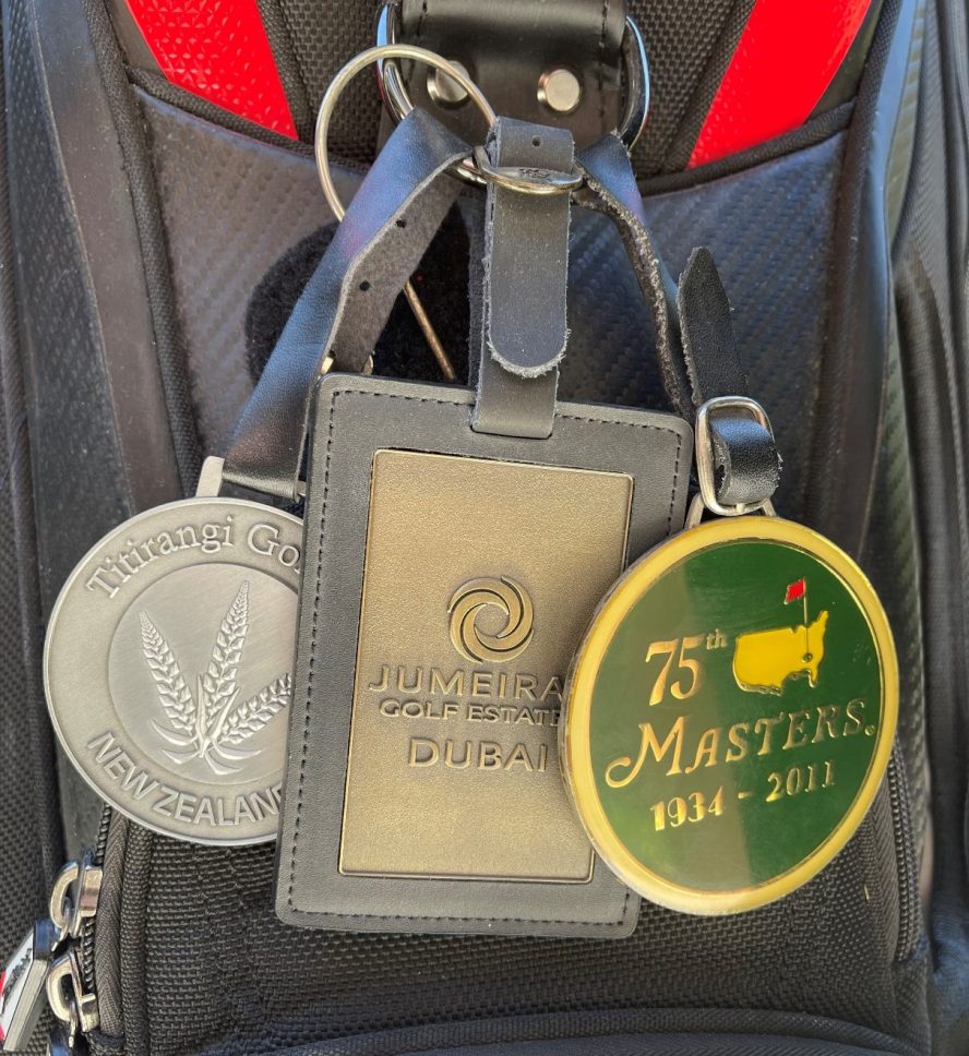 View of bag tags for golf courses visited