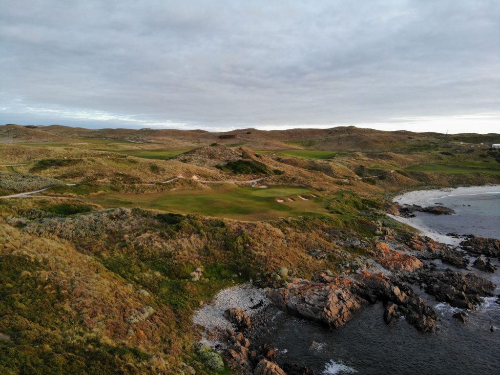 Aerial view of the 17th hole at Cape Wickham golf course